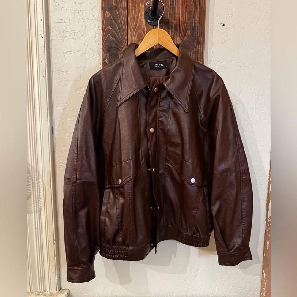 Cider Dark Brown Faux Leather Bomber Jacket